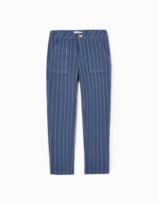 Pantalon Rayé en Interlock Fille, Bleu