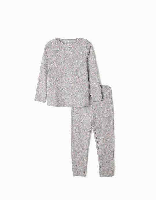 Rib Knit Pyjamas for Girls, 'Stars', Grey/Pink