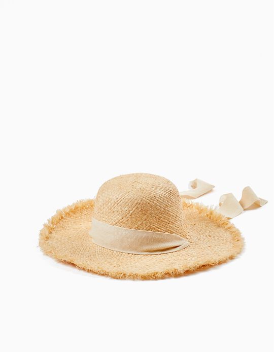 Wide Brim Straw Hat for Girls, Beige