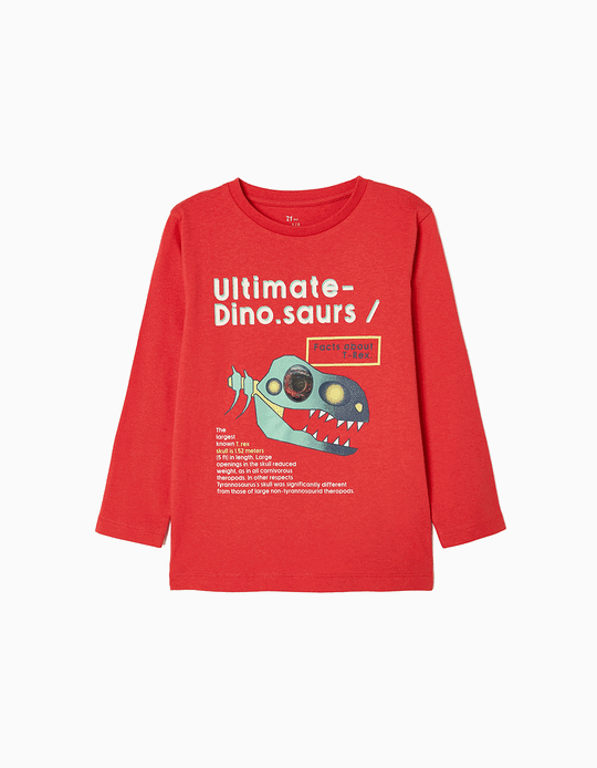 Long Sleeve Cotton T-shirt for Boys 'T-Rex', Red