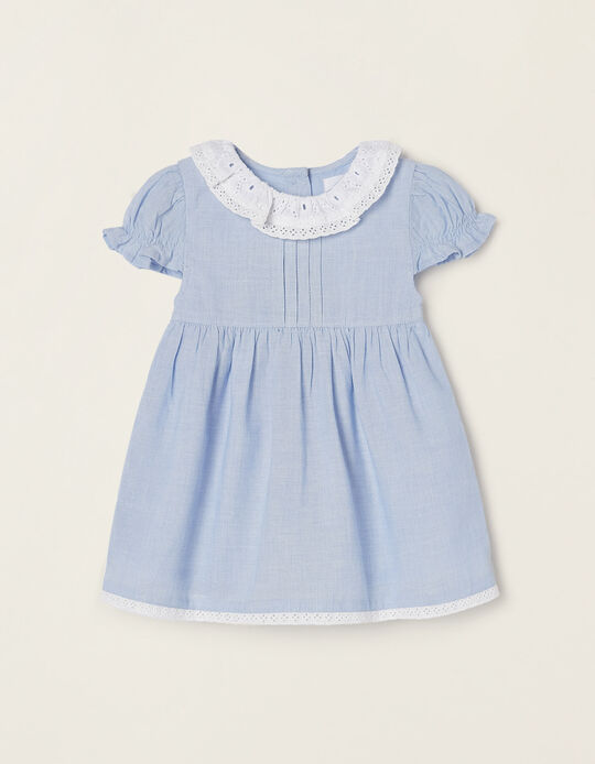 Cotton Dress with English Embroidery for Newborn Baby Girls, Blue/White
