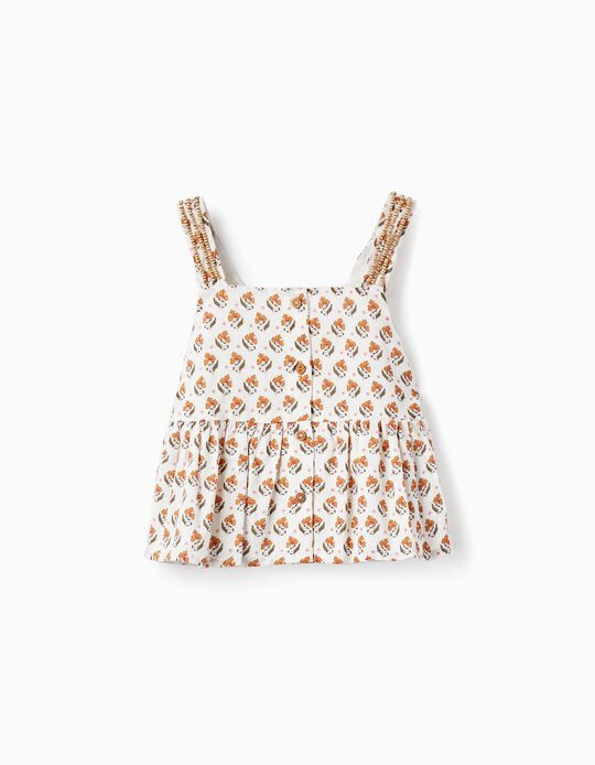 Sleeveless Top with Beads and Floral Pattern for Girls, White/Brown
