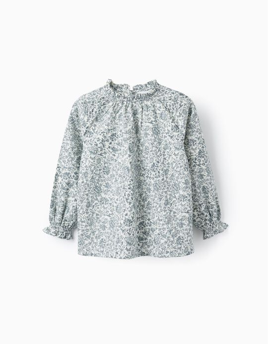 Floral Cotton Blouses for Girls, Gray/White
