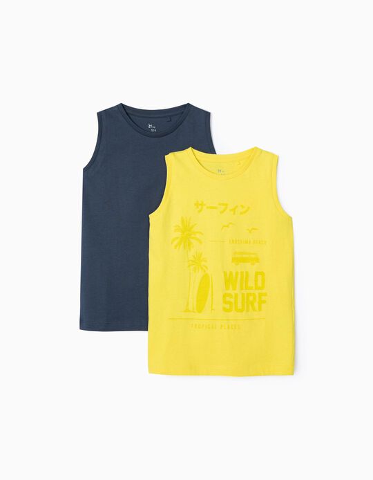 2 Sleeveless T-Shirts for Boys 'Cat with Hat', Blue/Yellow