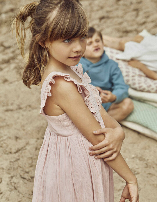 Strappy Dress with Broderie Anglaise for Girls, Pink