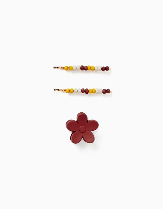 3-Pack Hair Pins + Hair Claw for Babies and Girls 'Flowers', Yellow/Burgundy