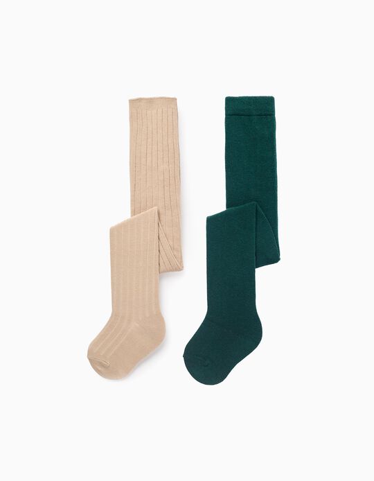 Comprar Online Pack 2 Collants Liso/Canelado para Bebé, Bege/Verde