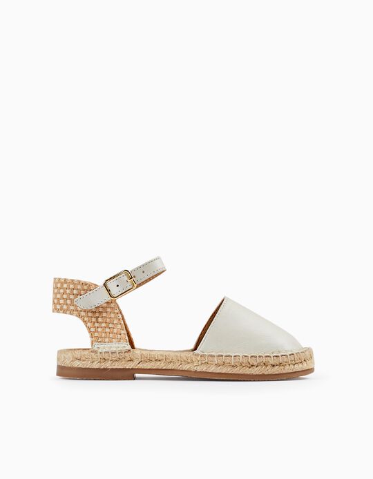 Leather and Jute Sandals for Girls, Light Beige