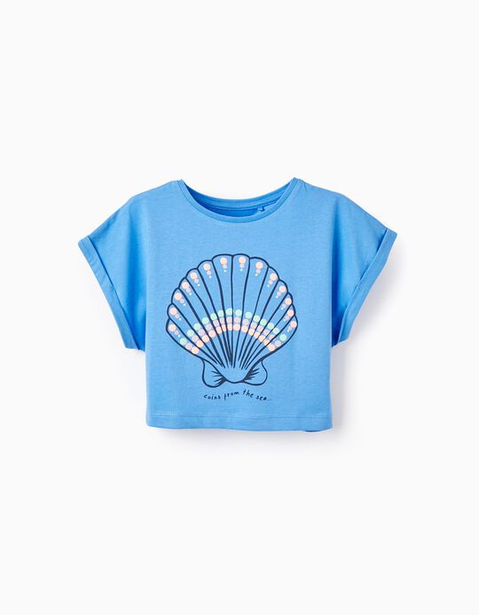 Camiseta Corta de Algodón para Niña 'Concha', Azul