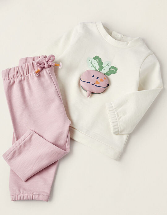 Sweatshirt + Cotton Joggers for Newborn Girls 'Turnip', White/Pink