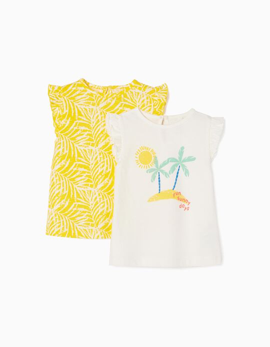 Pack 2 Sleeveless Cotton T-shirts for Baby Girls 'Fun', White/Yellow