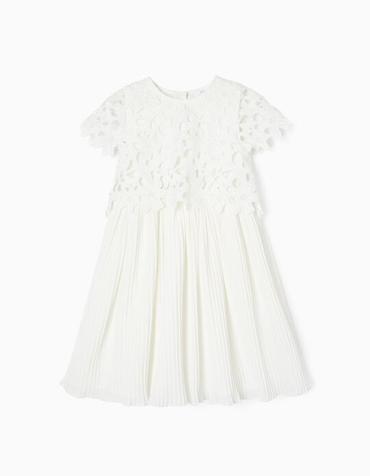 Dress with Lace, Tulle and Pleated Skirt for Girls, White