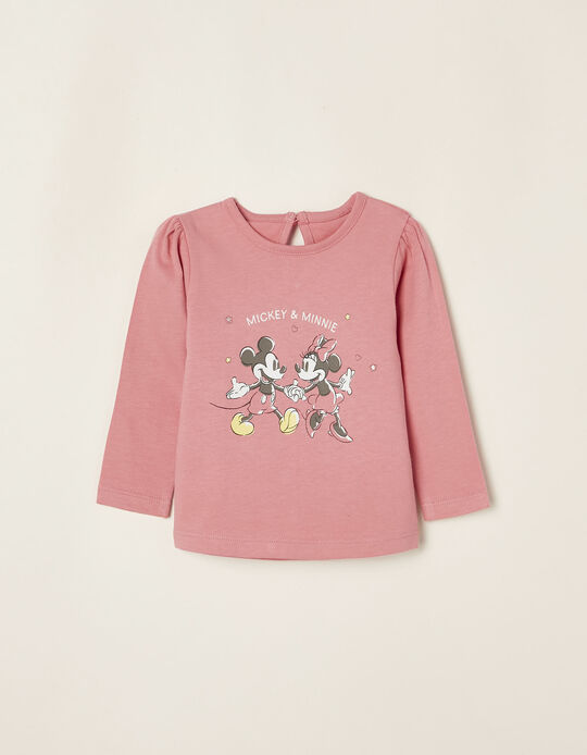 T-shirt à Manches Longues en Coton Nouveau-Née 'Mickey & Minnie', Rose