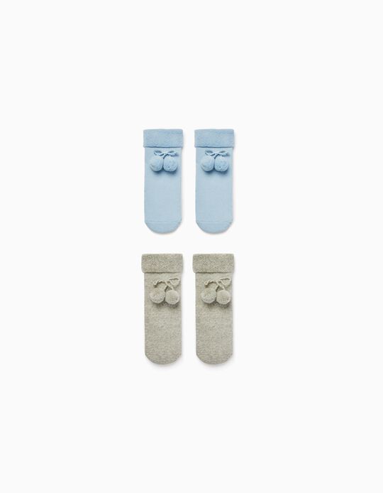 2-Pack Cotton Socks with Pom-Poms for Babies, Blue/Grey