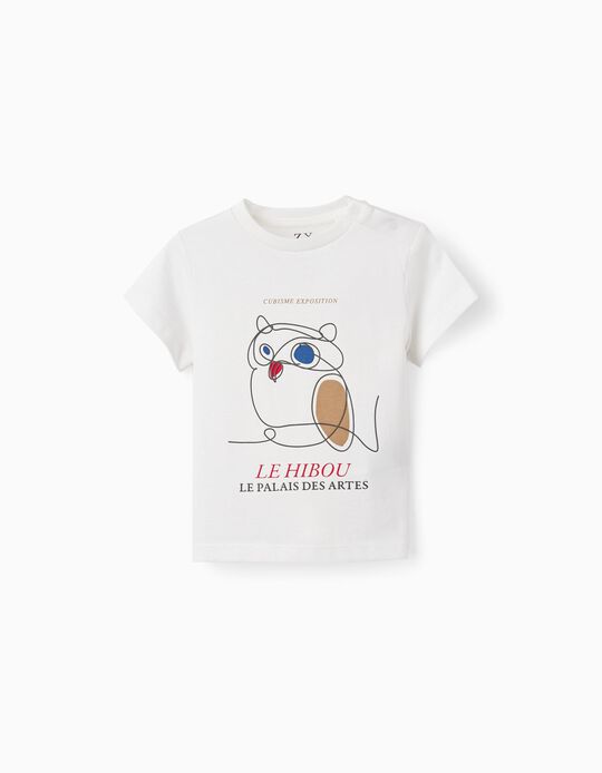 T-shirt de Algodão para Bebé Menino 'Coruja', Branco