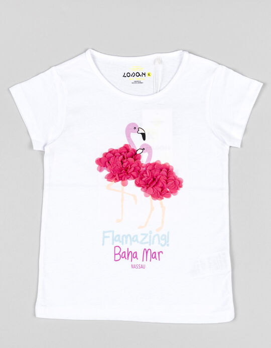 Comprar Online T-shirt de Algodão com Detalhes 3D para Menina 'Flamingos', Branco