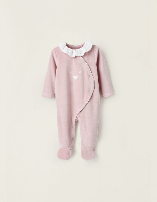 Comprar Online Babygrow de Veludo com Folhos e Bordados para Recém-Nascida, Rosa