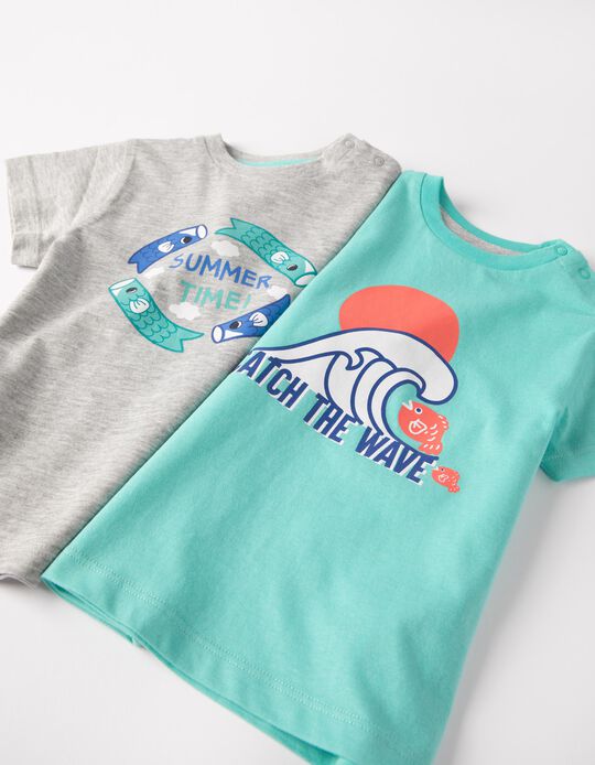 2 Camisetas de Manga Corta para Bebé Niño 'Summer Time', Gris/Verde Agua