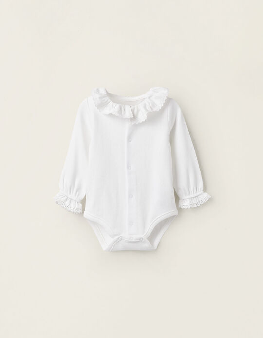 Buy Online Cotton Bodysuit with Frills and Lace for Newborn Girls, White