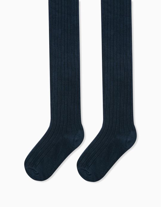 Ribbed Tights for Girls, Dark Blue.