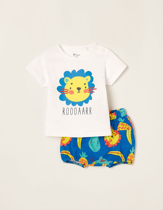 Cotton T-shirt + Shorts for Newborn Baby Boys 'Roarr', White/Blue