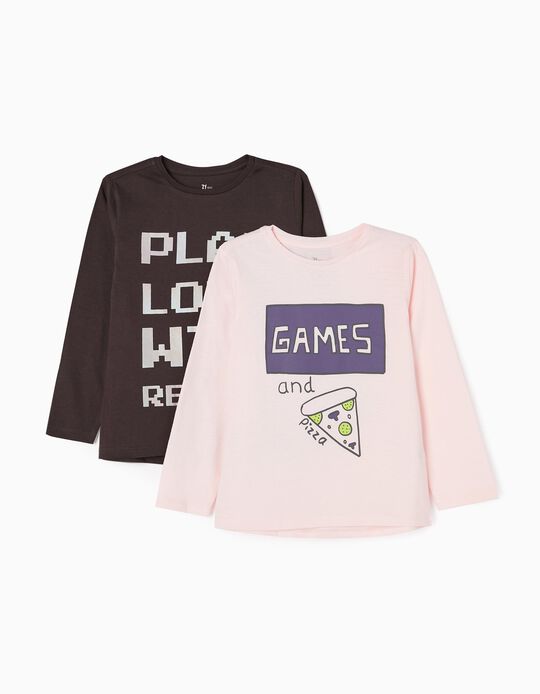 Lot 2 T-shirts en Coton Fille 'Games & Pizza', Gris Foncé/Rose