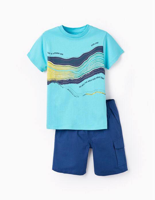 T-shirt + Cargo Shorts for Boys 'Waves', Blue/Turquoise