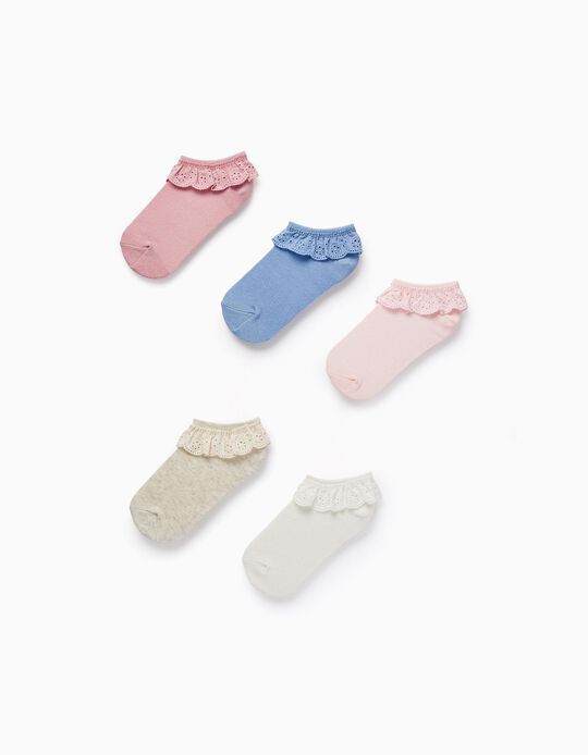 Pack of 5 Pairs of Socks with Broderie Anglaise for Girls, Multicolour