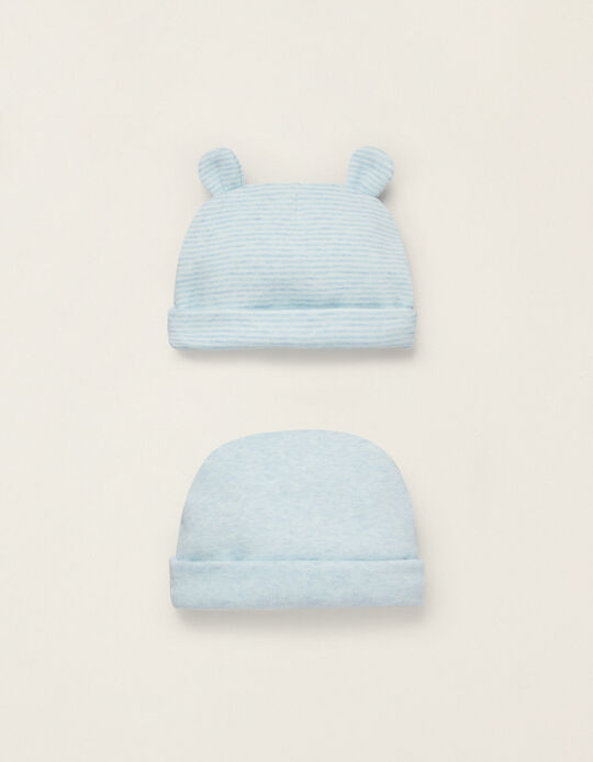 2-Pack Cotton Beanies for Newborn Baby Girls, Blue/White