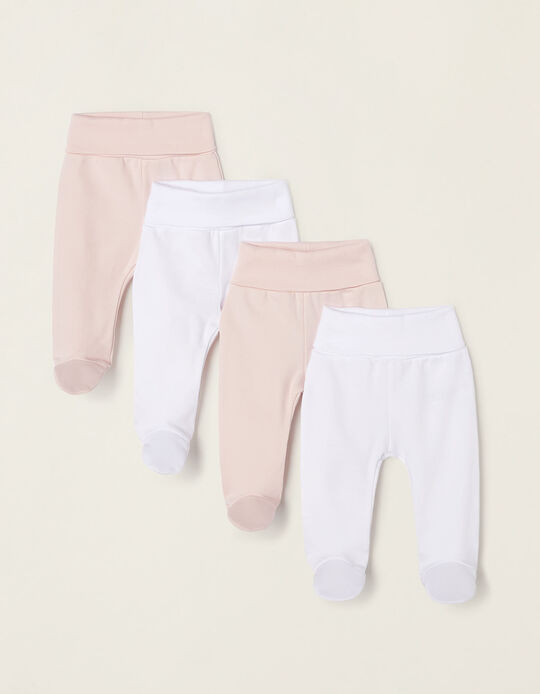 4-Pack Cotton Footed Trousers for Baby Girls 'Flowers', White/Pink