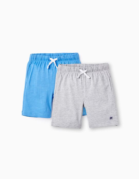 2 Cotton Jersey Shorts for Boys, Blue/Grey
