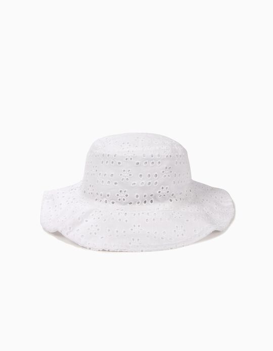 Hat with Broderie Anglaise for Girls, White