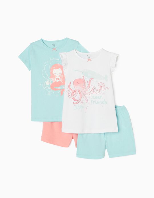 2-Pack Cotton Pyjamas for Girls 'Mermaid&Octopus', White/Pink/Blue