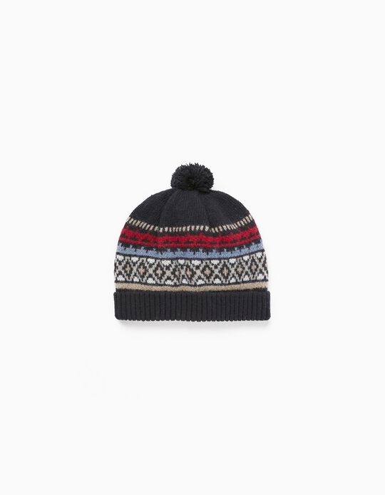 Wool Beanie with Jacquard and Pompom for Boys, Dark Blue