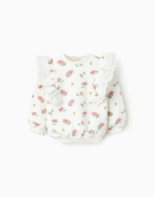 Comprar Online Sweatshirt Floral de Algodão com Folhos para Bebé Menina, Branco