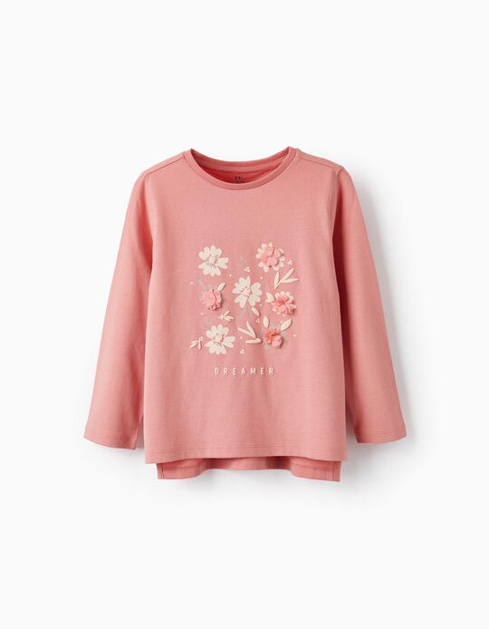 T-Shirt com Pétalas 3D para Menina 'Flores', Rosa