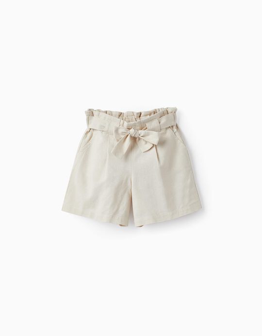 Linen and Cotton Paperbag Shorts for Girls, Beige