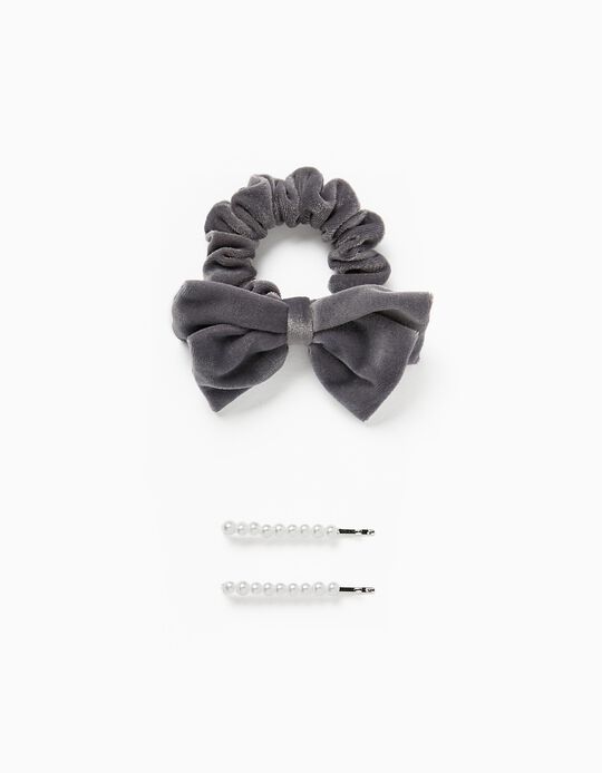 Pack 2 Hair Slides + 1 Scrunchie for Babies and Girls, White/Grey