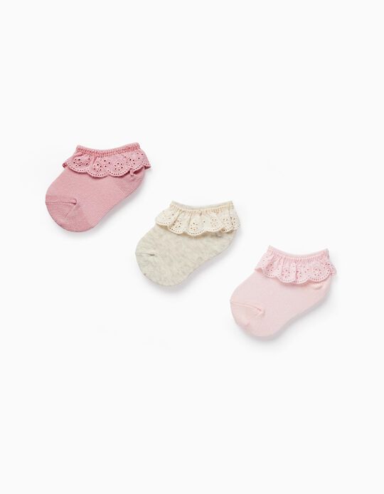 Pack of 3 Pairs of Socks with Broderie Anglaise for Baby Girls, Pink/Beige
