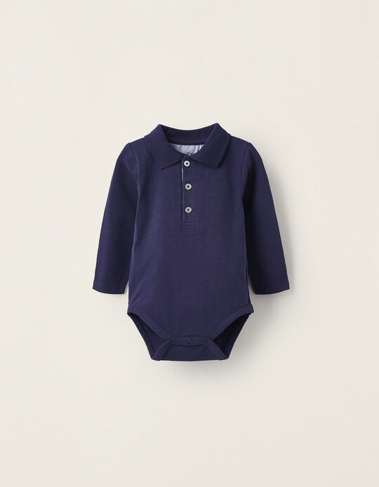 Cotton Polo Bodysuit for Newborn, Dark Blue