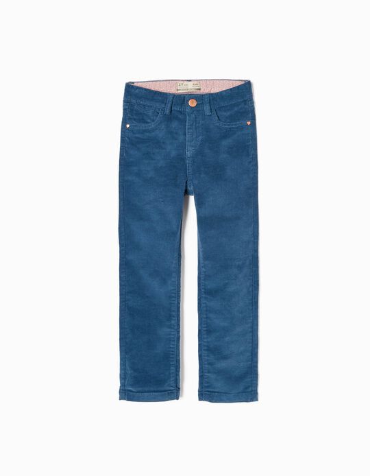 Pantalon de Velours Côtelé en Coton Fille 'Skinny Fit', Bleu