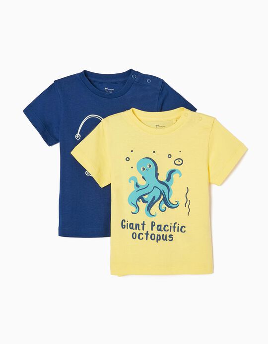 2 Pack Cotton T-shirts for Baby Boys 'Octopus & Monkfish', Blue/Yellow