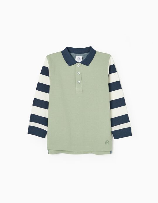 Long Sleeve Cotton Polo-Shirt for Boys, Aqua Green