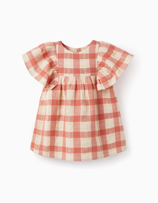 Cotton Blouse with Plaid for girls, Beige/Salmon