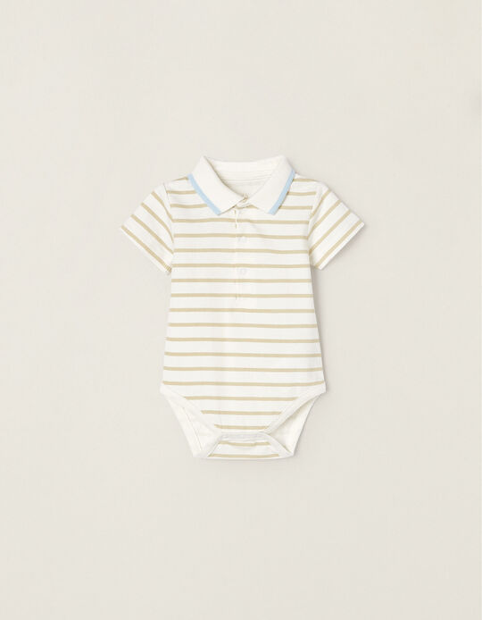 Cotton Polo-Bodysuit for Newborn Baby Boys, White/Beige