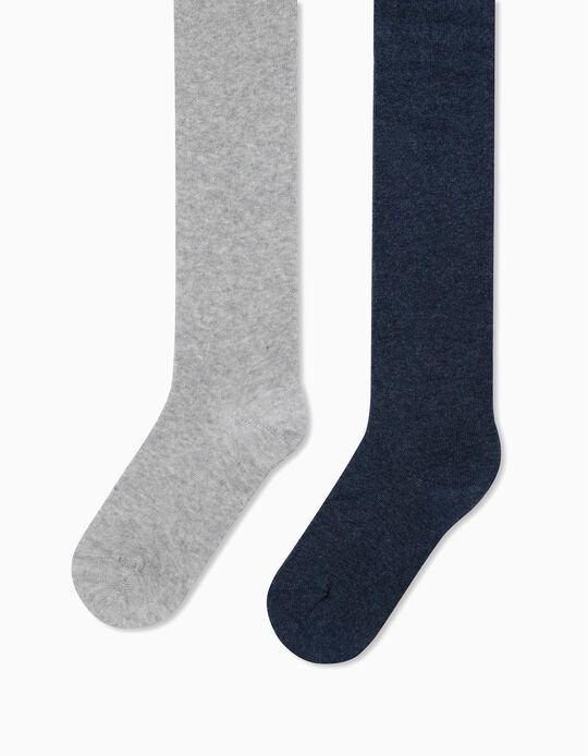 2-Pack Knit Tights for Girls, Grey and Blue