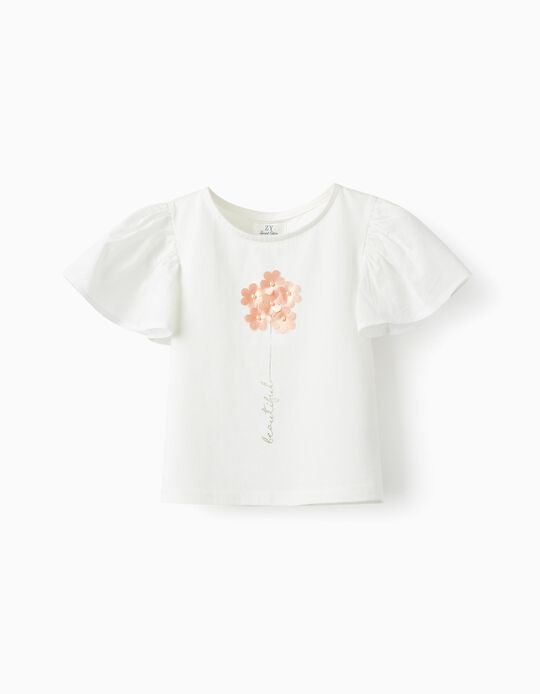 Camiseta con Flores y Purpurina para Niña, Blanco