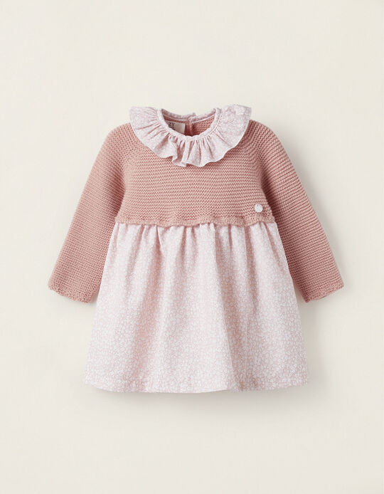 Combined Knit and Cotton Dress for Newborn Girls, Pink
