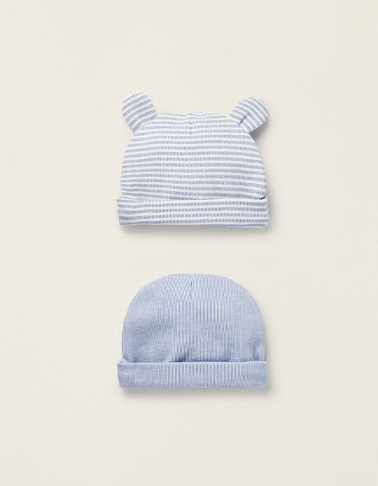 Pack 2 Bonnets en Coton pour Nouveau-Né, Bleu/Blanc