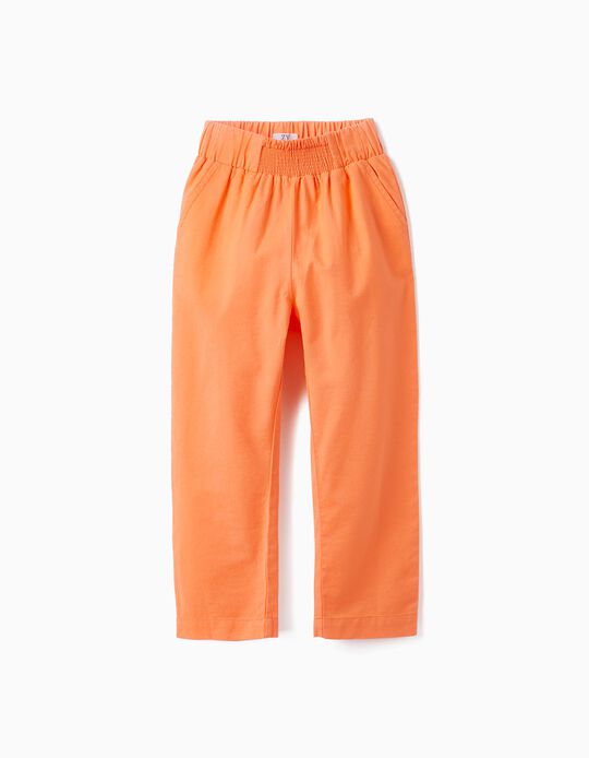 Cotton and Linen Trousers with Smocking for Girls, Orange